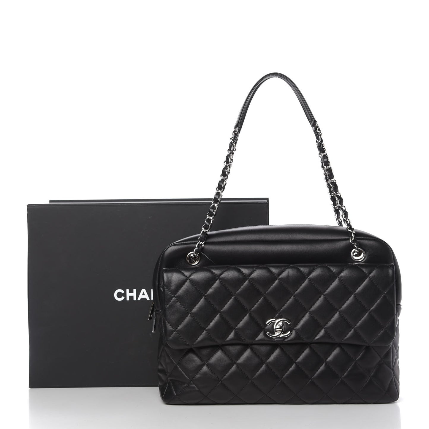 Lambskin Quilted Bowler Flap Shoulder Bag Black