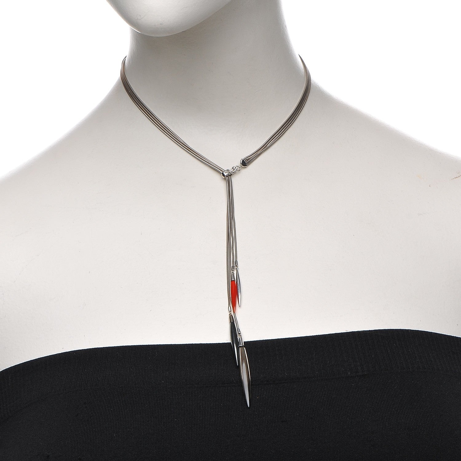 Tiffany 18k White Gold Hematite Carnelian Smoky Quartz Metal Feather Lariat Necklace 2 of 9