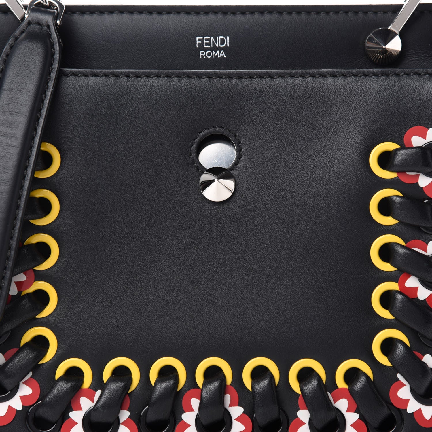 Fendi Vitello Baltico Shiny Nappa Lace Up Floral Small Dotcom Click Chain Satchel Black 12 of 12