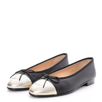 Chanel Lambskin Cap Toe Ballerina Flats 36.5 Black Light Gold 3 of 8