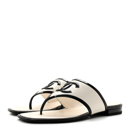 Chanel Lambskin Patent Calfskin CC Thong Sandals 38.5 White Black 4 of 10