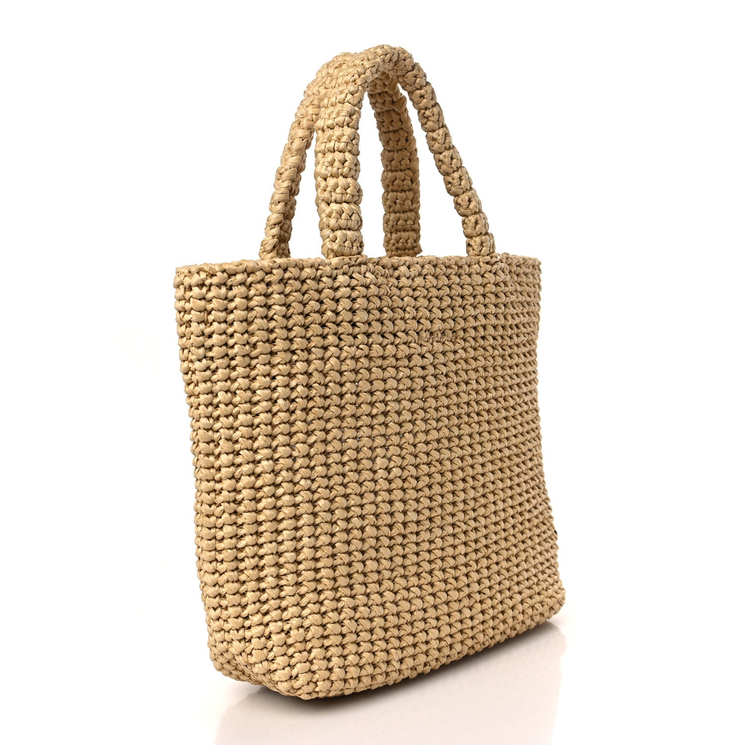 Prada Yarn Raffia Effect Crochet Embroidered Small Logo Tote Naturale 3 of 8