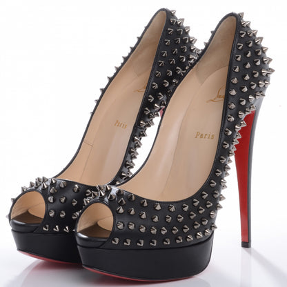 Christian Louboutin Calfskin Lady Peep Spikes VIP 150 Pumps 42 Black Silver 3 of 8