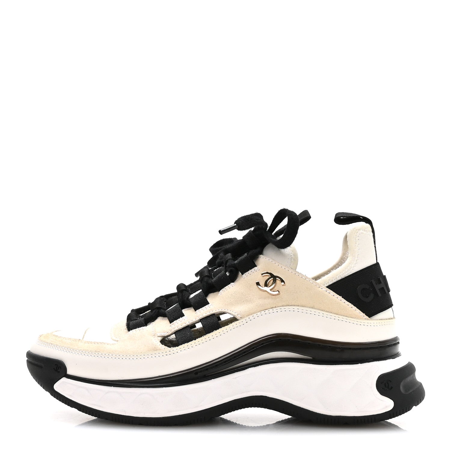 Chanel Fabric Calfskin Suede CC Sneakers 36 Ivory Black 1 of 7