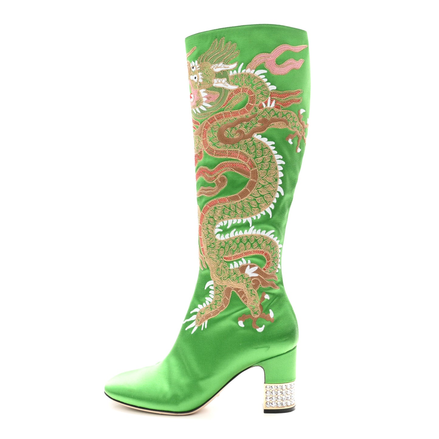 Silk Satin Malaga Kid Embroidered Candy Dragon Block-Heel Knee Boot 39 Palm