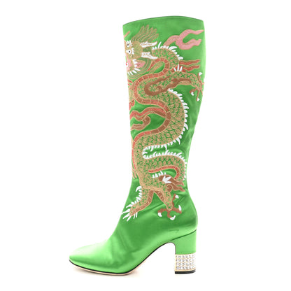 Gucci Silk Satin Malaga Kid Embroidered Candy Dragon Block-Heel Knee Boot 39 Palm 1 of 9