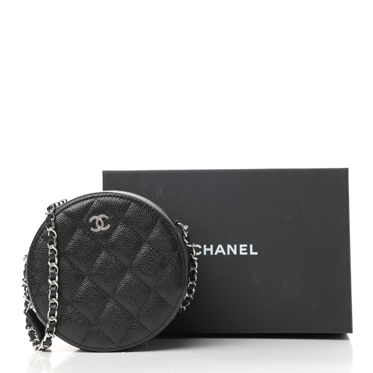 Caviar Quilted Round Clutch With Chain Black