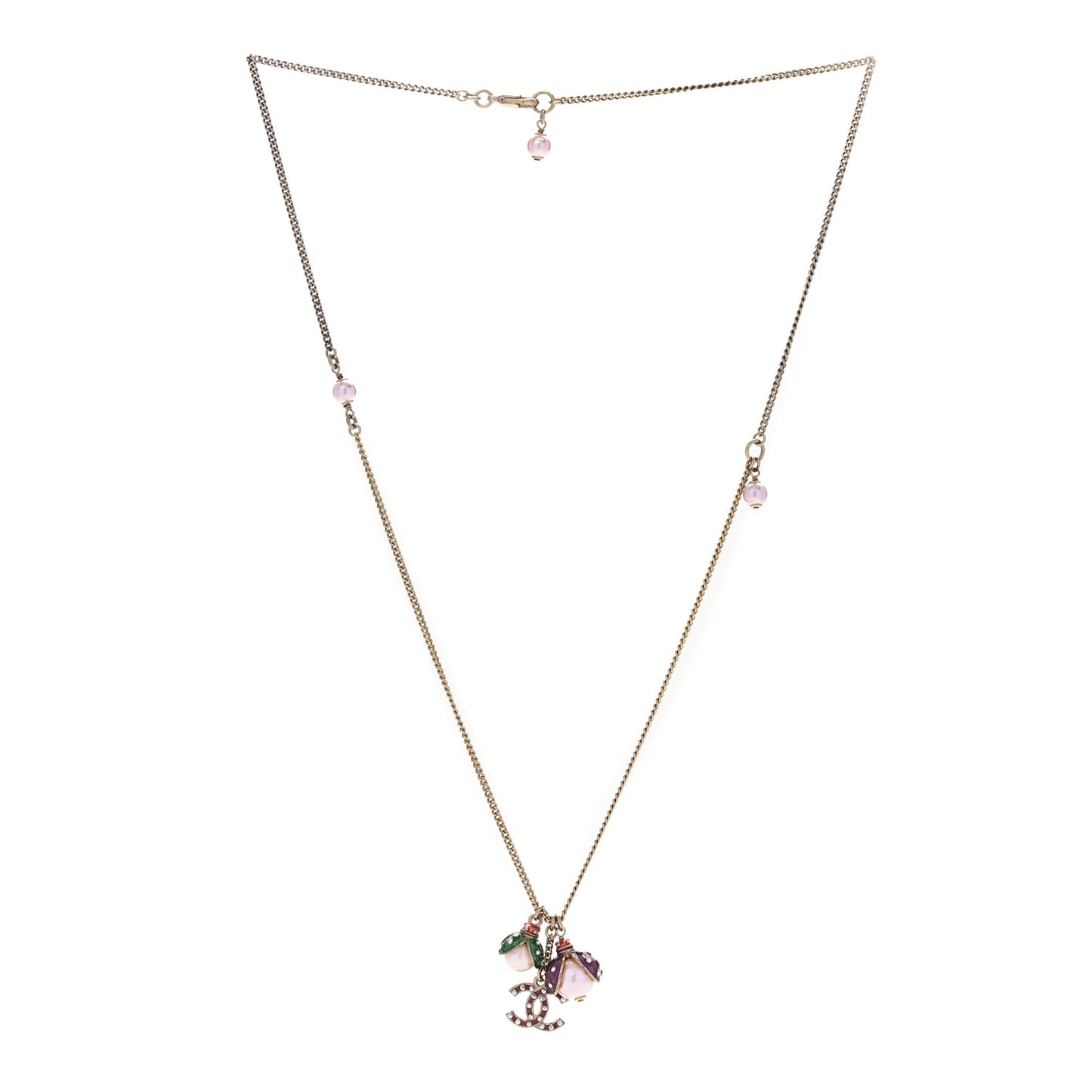 Enamel Pearl CC Ladybug Necklace Gold Pink