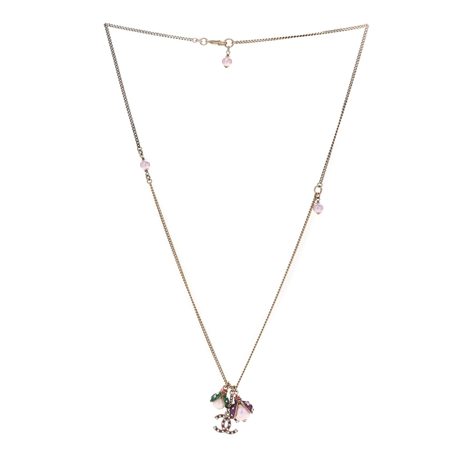 Chanel Enamel Pearl CC Ladybug Necklace Gold Pink 3 of 5