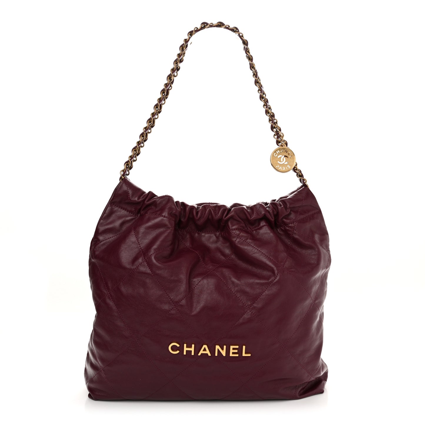 Shiny Calfskin Quilted Chanel 22 Drawstring Bag Dark Purple