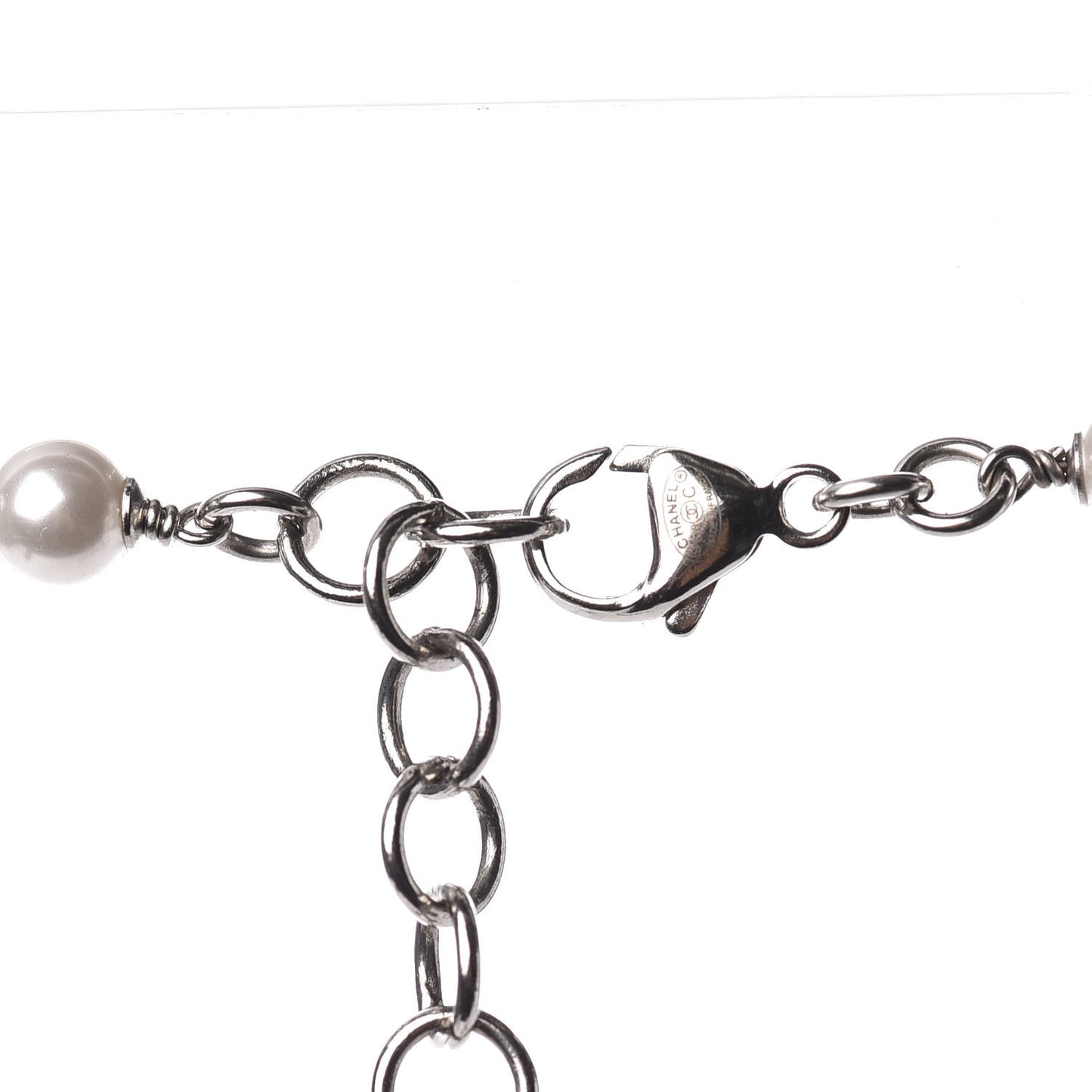 Enamel Beaded Pearl CC Long Necklace Silver Ivory
