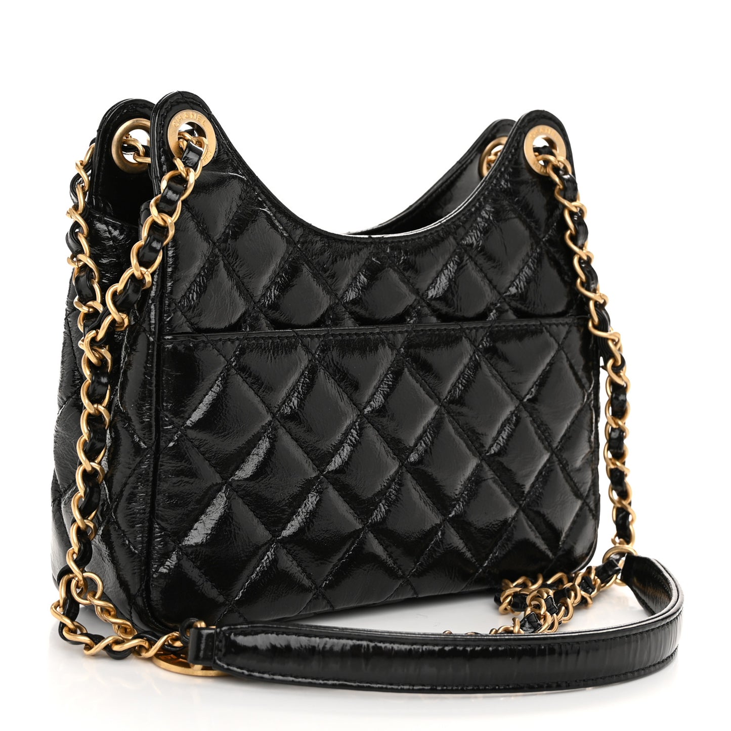 Shiny Crumpled Calfskin Quilted Small Wavy CC Hobo Black