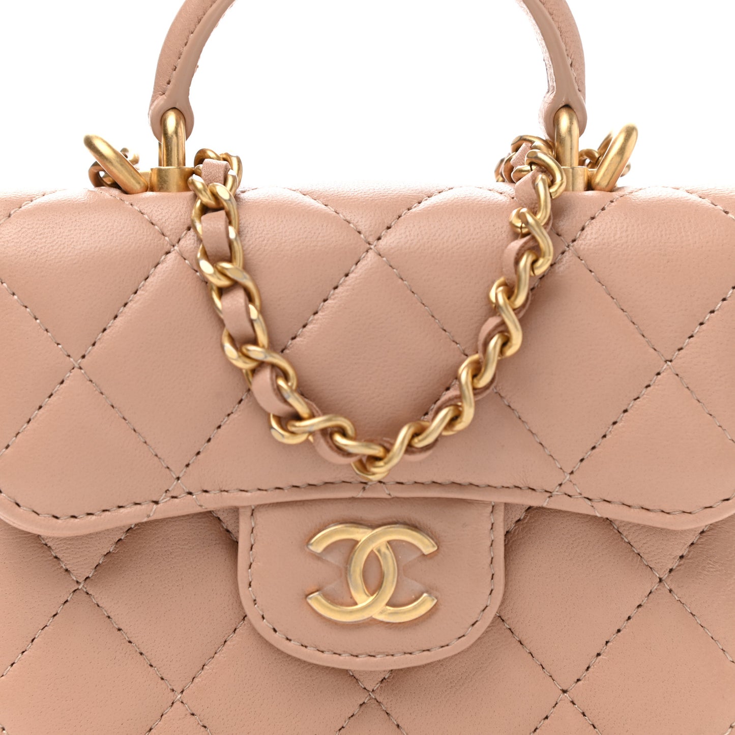 Lambskin Quilted Top Handle Flap Coin Purse With Chain Beige