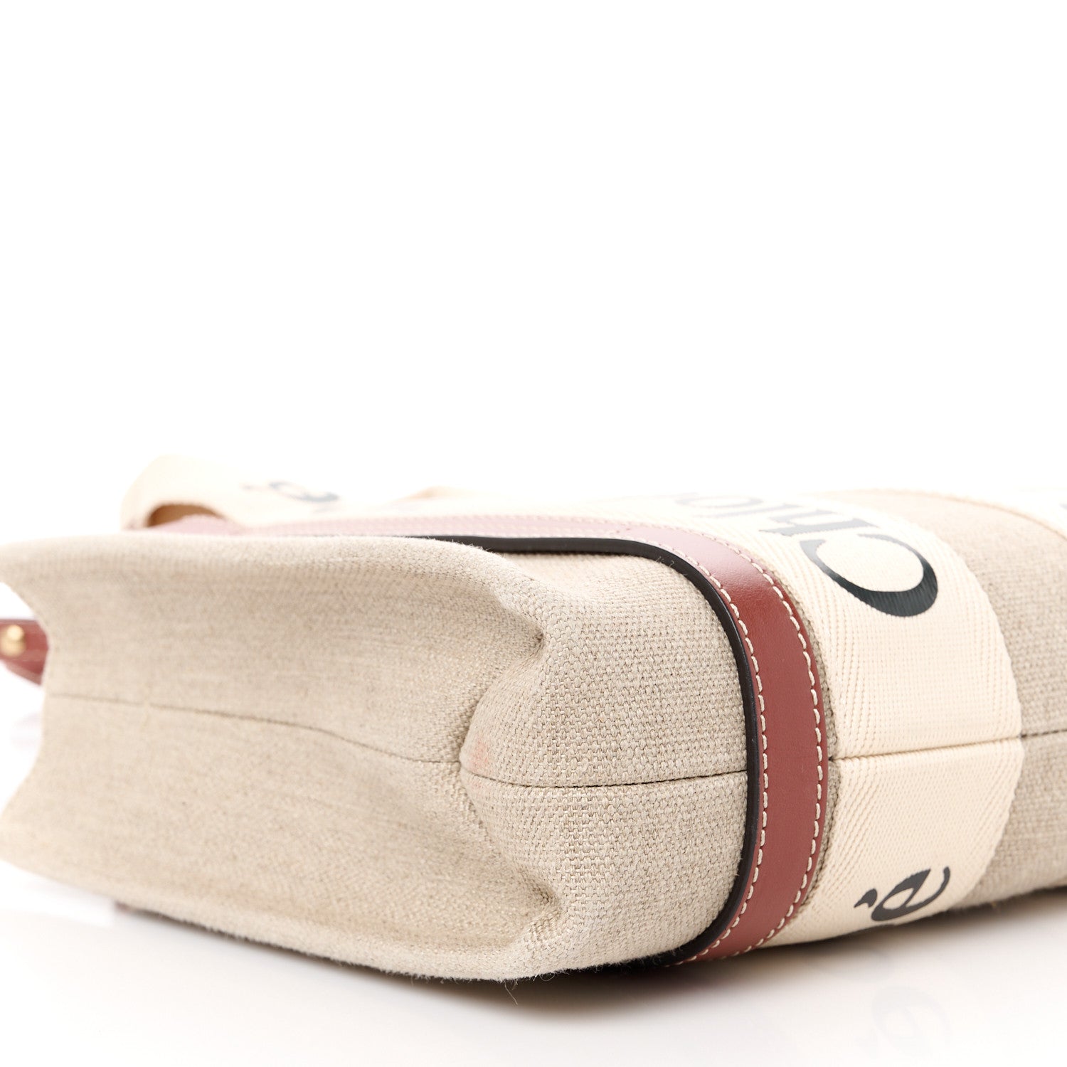 Chloe Linen Calfskin Small Woody Ribbon Tote With Strap White Brown 9 of 12