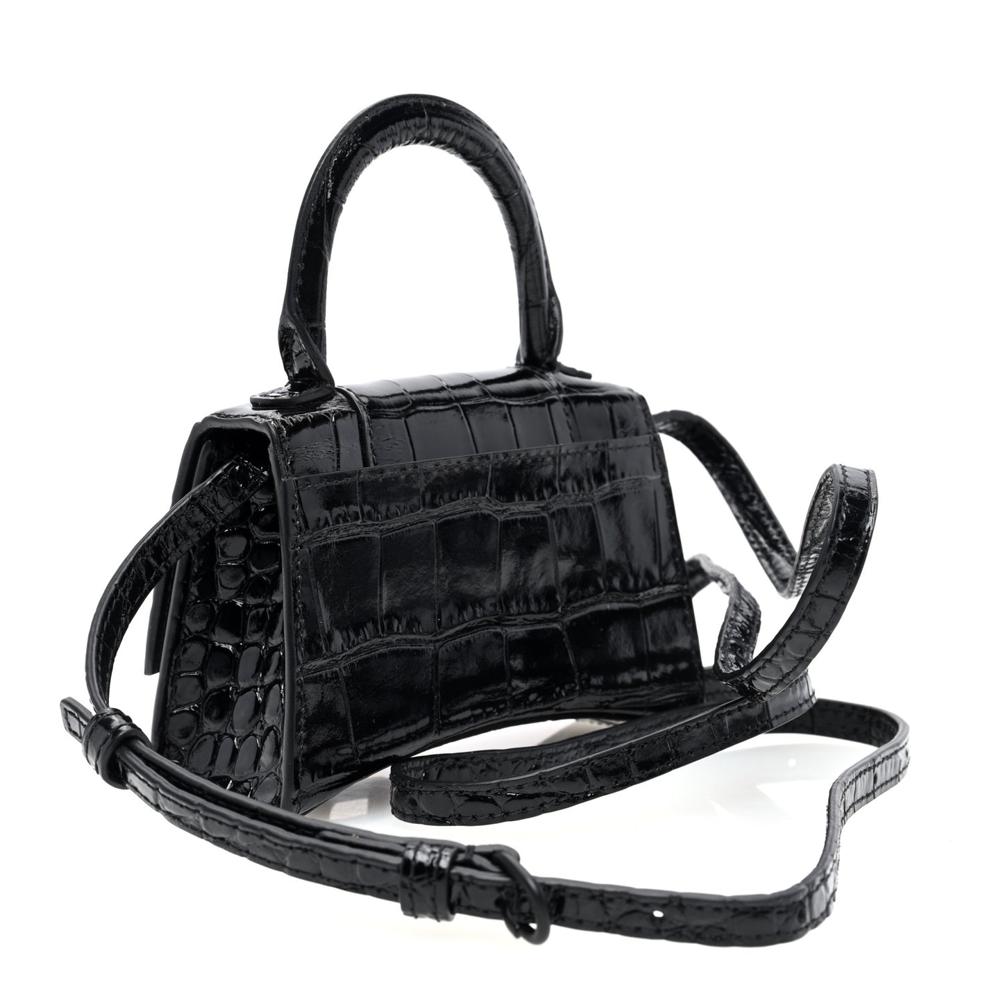 Shiny Calfskin Monochrome Crocodile Embossed Hourglass Top Handle Bag Mini Black