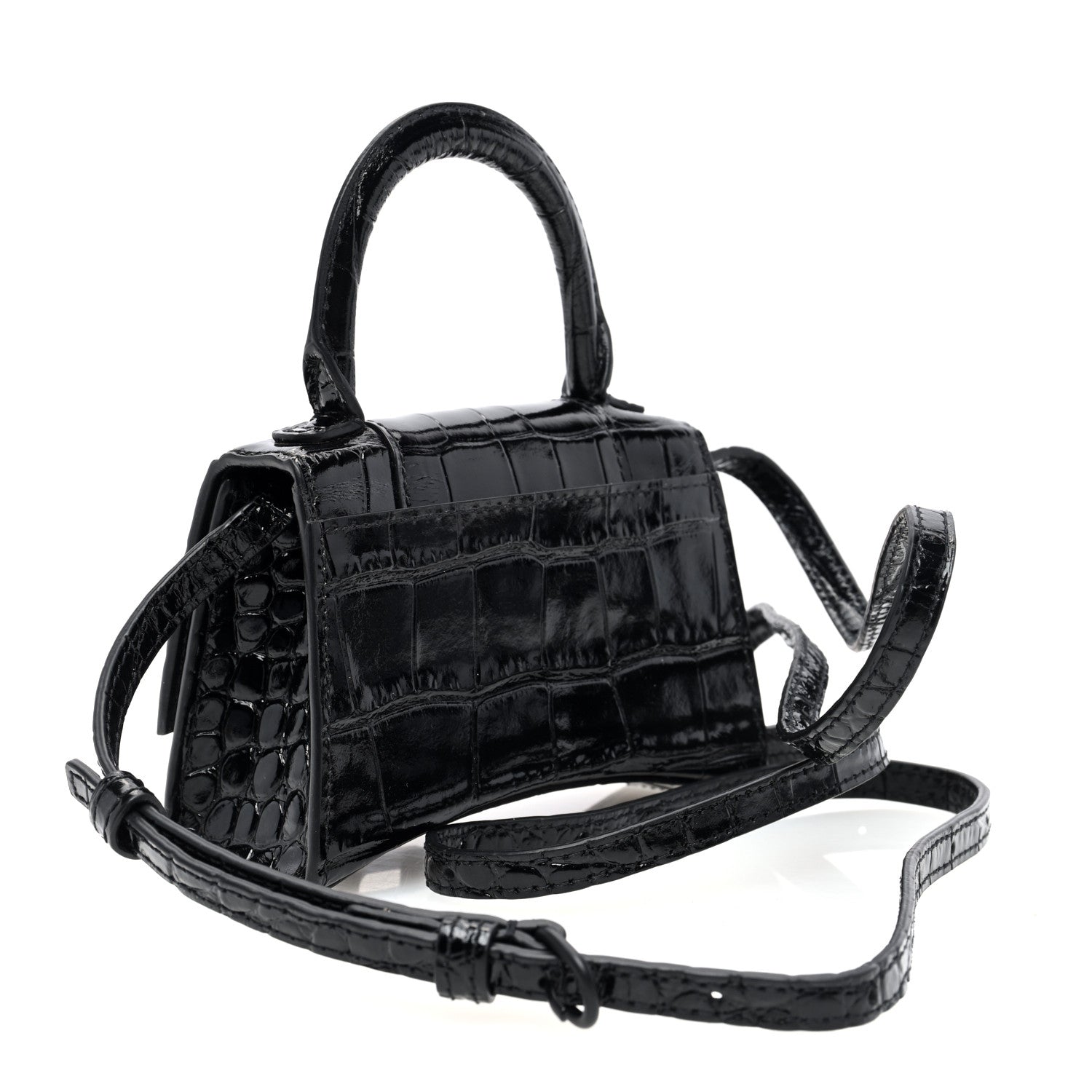 Balenciaga Shiny Calfskin Monochrome Crocodile Embossed Hourglass Top Handle Bag Mini Black 3 of 9
