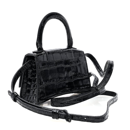 Balenciaga Shiny Calfskin Monochrome Crocodile Embossed Hourglass Top Handle Bag Mini Black 3 of 9