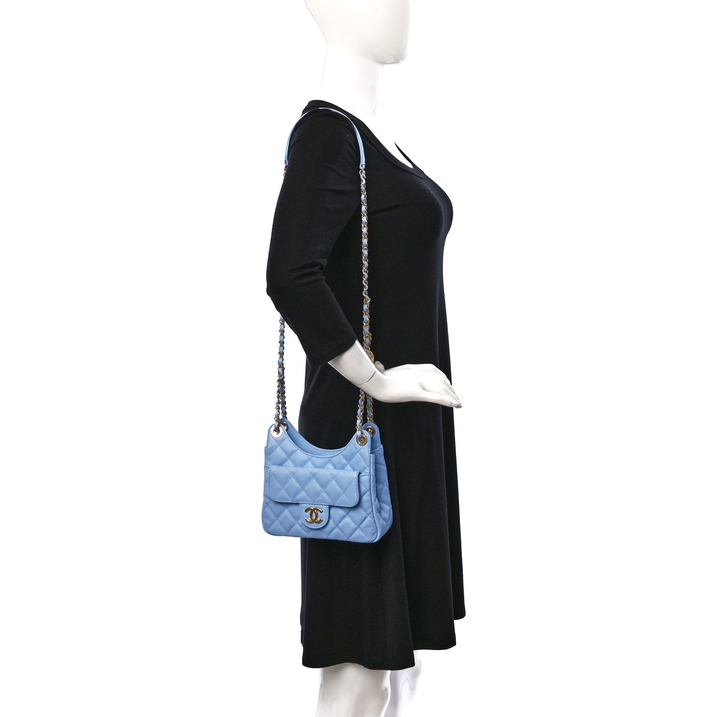 Caviar Quilted Small Wavy CC Hobo Blue