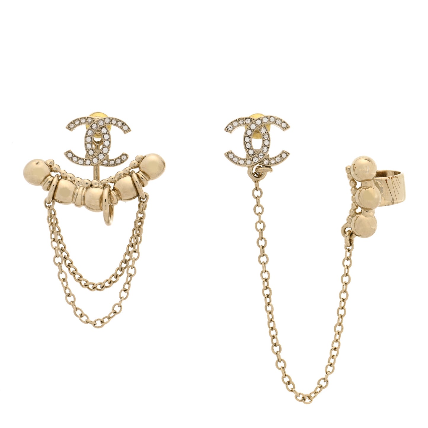 Metal Crystal CC Chain Cuff Earrings Gold
