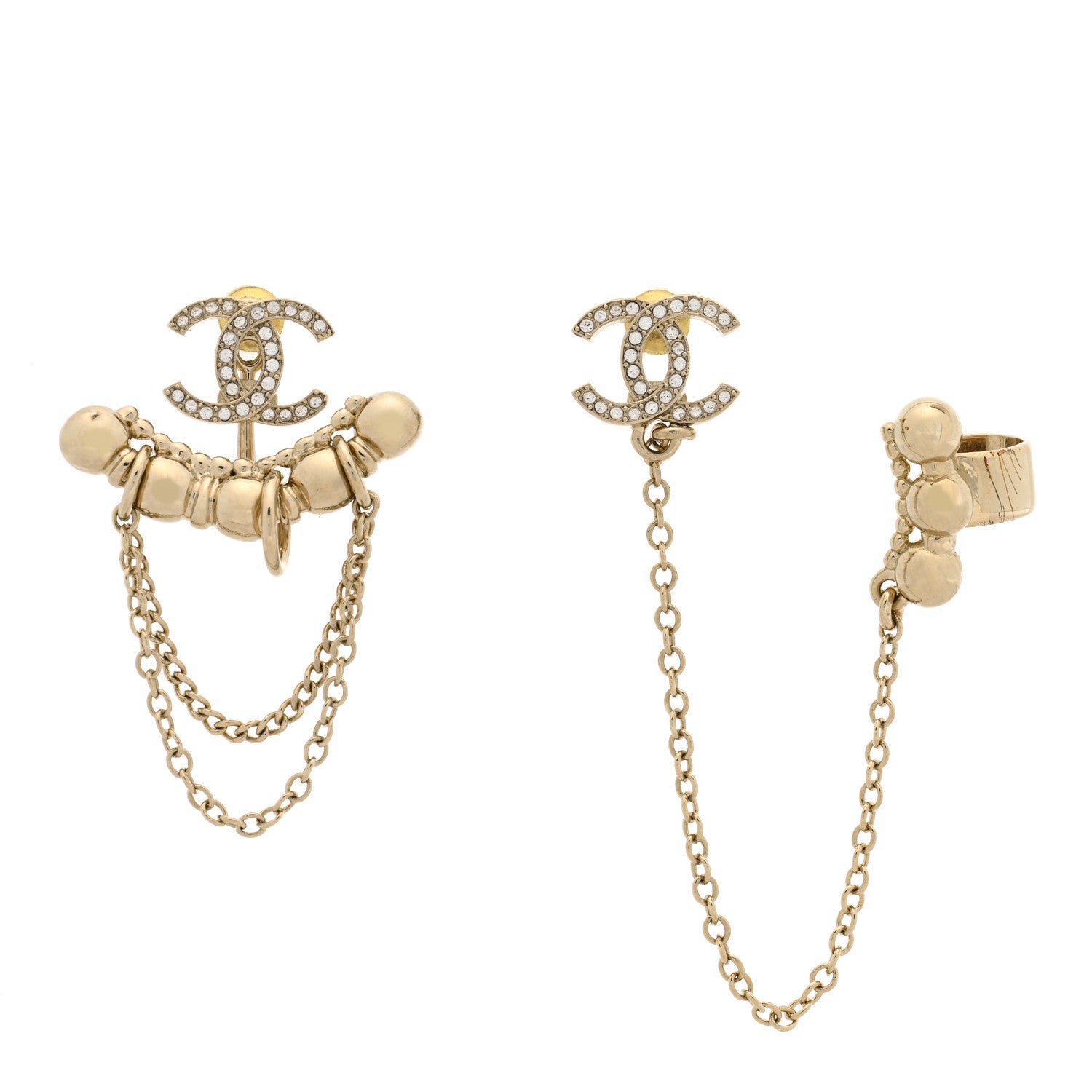 Chanel Metal Crystal CC Chain Cuff Earrings Gold 1 of 4