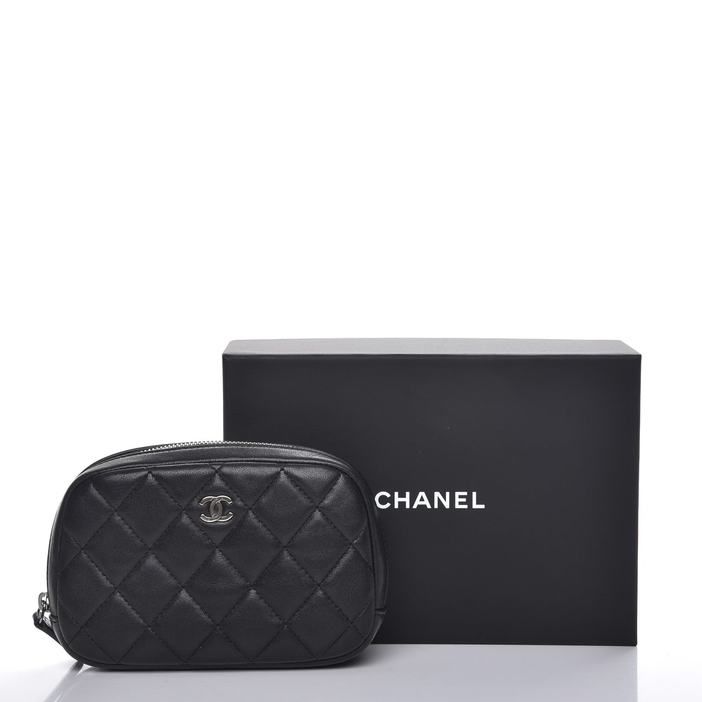 Lambskin Quilted Small Curvy Pouch Cosmetic Case Black