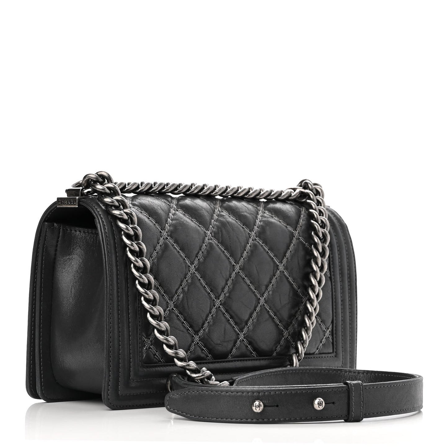 Iridescent Calfskin Embellished Double Stitch Medium Boy Flap Charcoal