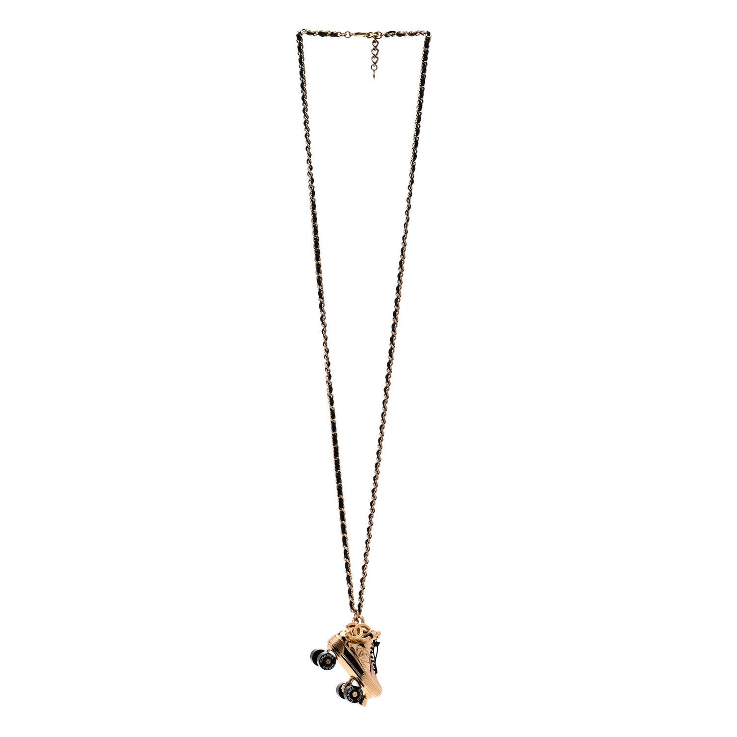 Metal Lambskin CC Rollerskate Necklace Gold Black
