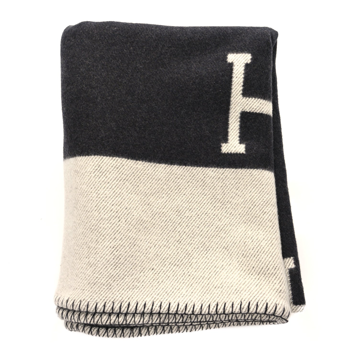 Hermes Wool Cashmere Avalon Signature Blanket Ecru Gris Fonce 2 of 5