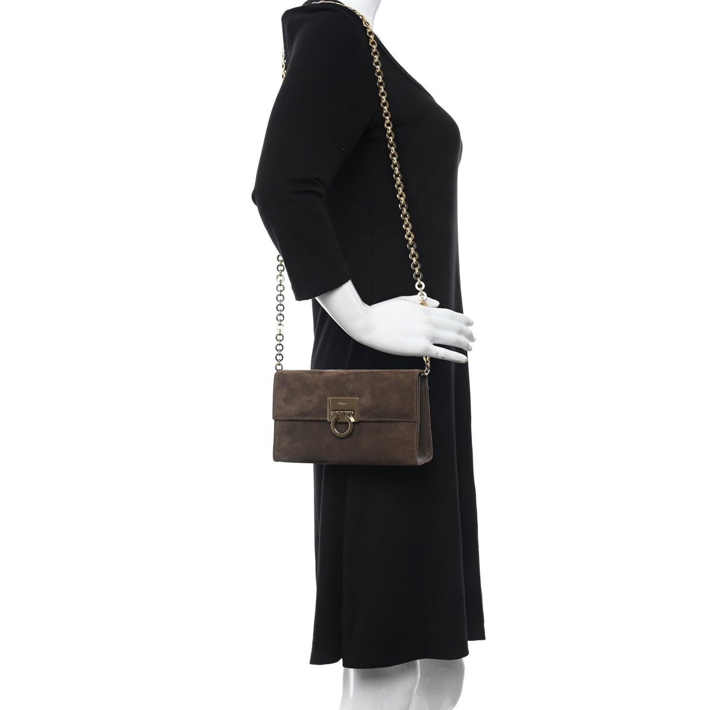 Suede Gancini Chain Crossbody Brown