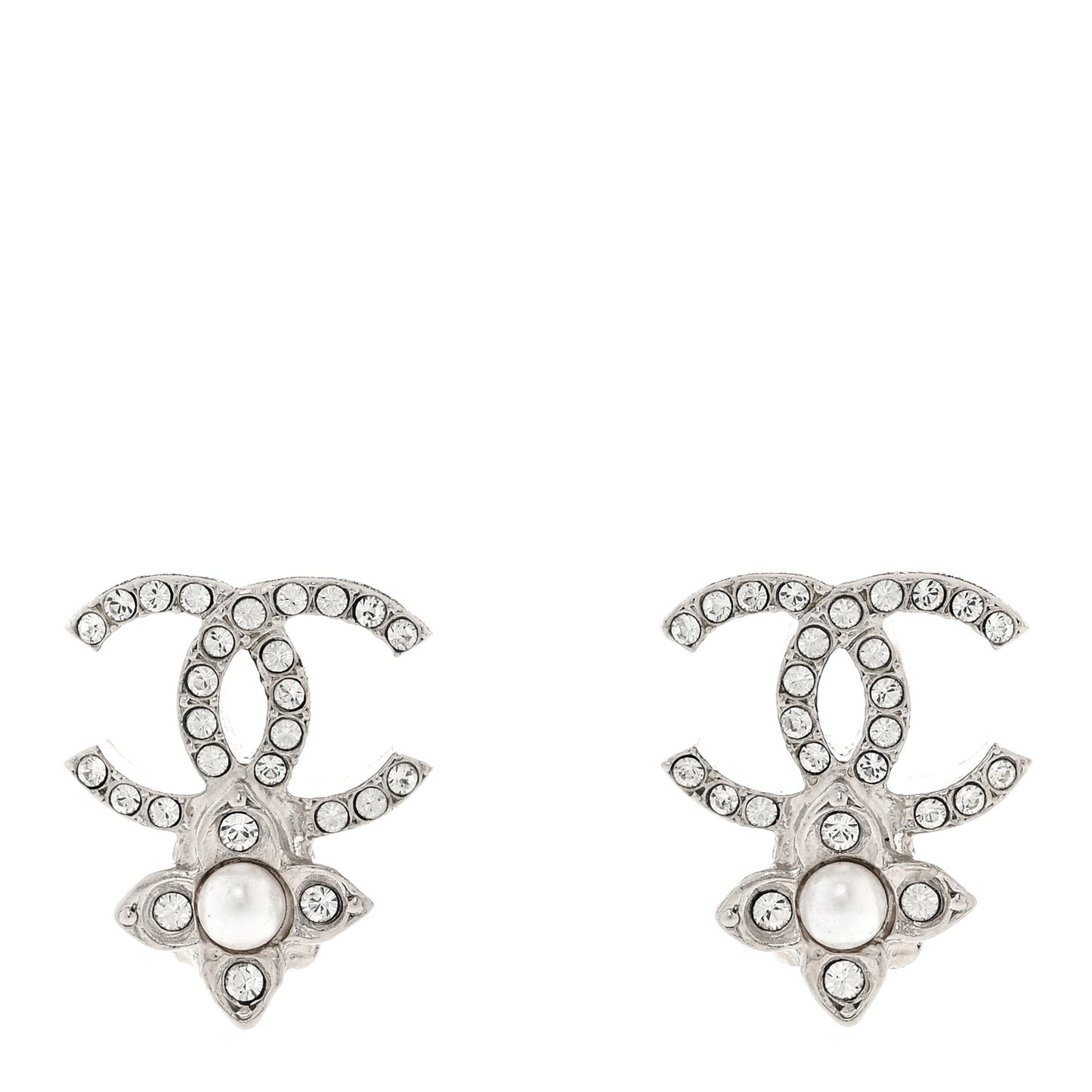 Crystal Pearl Flower CC Earrings Silver