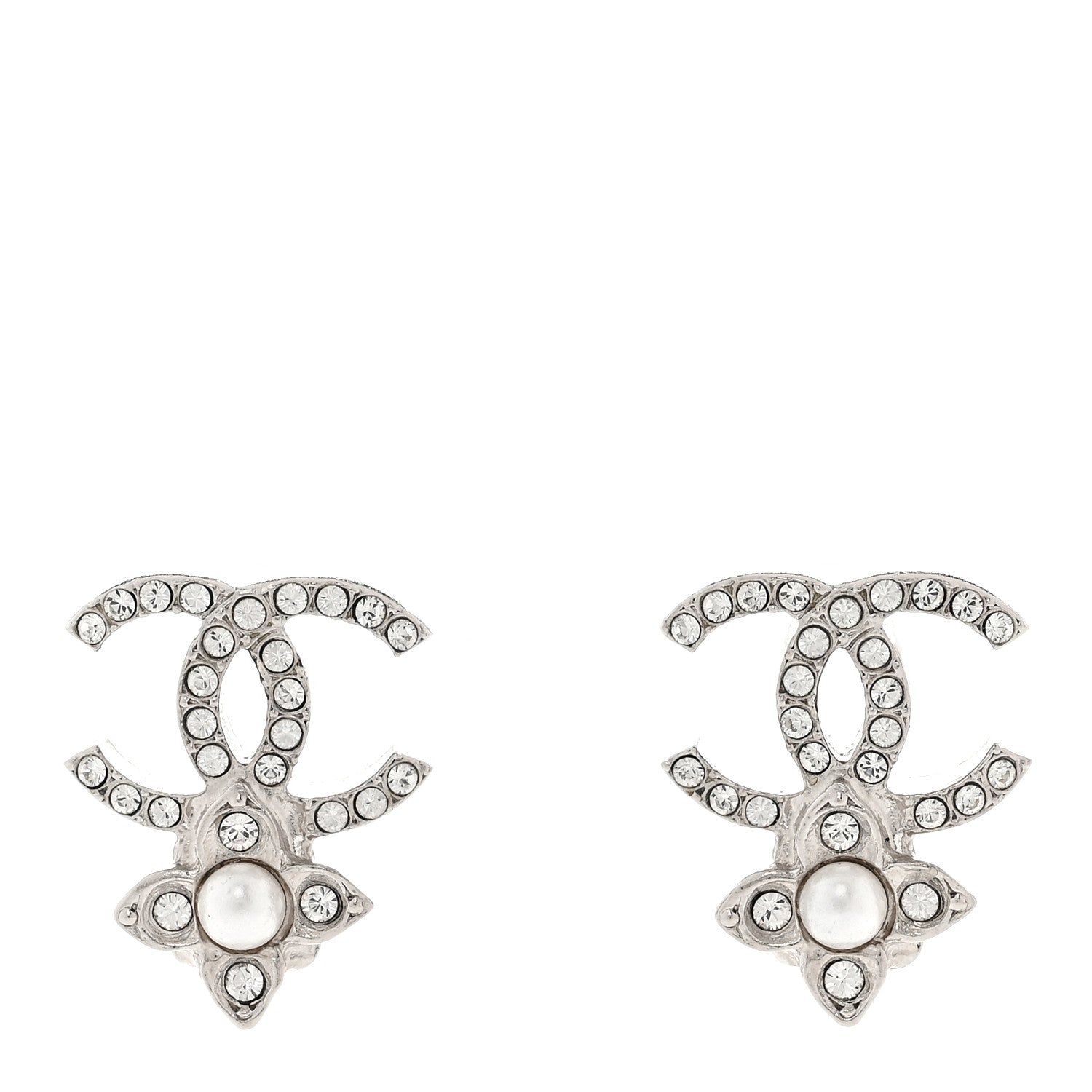 Chanel Crystal Pearl Flower CC Earrings Silver 1 of 5