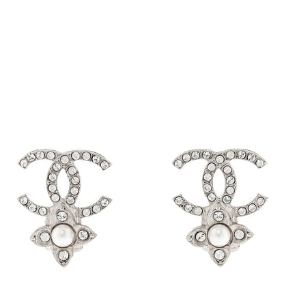 Chanel Crystal Pearl Flower CC Earrings Silver 1 of 5