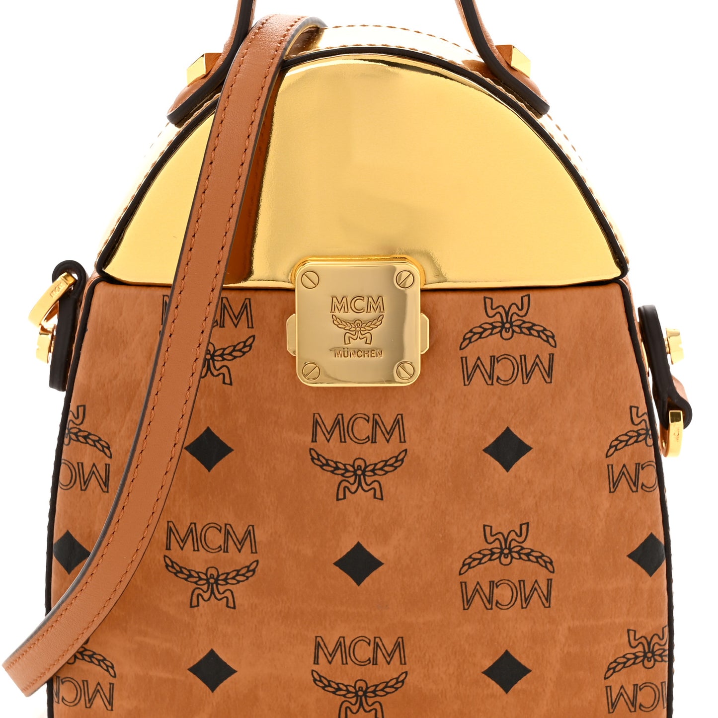 Metallic Calfskin Visetos Stark Pushlock Clutch Cognac