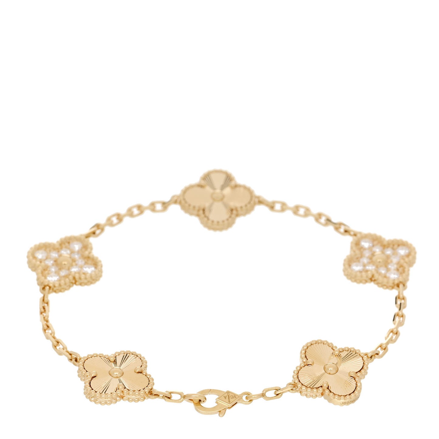 18K Yellow Gold Diamond 5 Motifs Guilloche Vintage Alhambra Bracelet