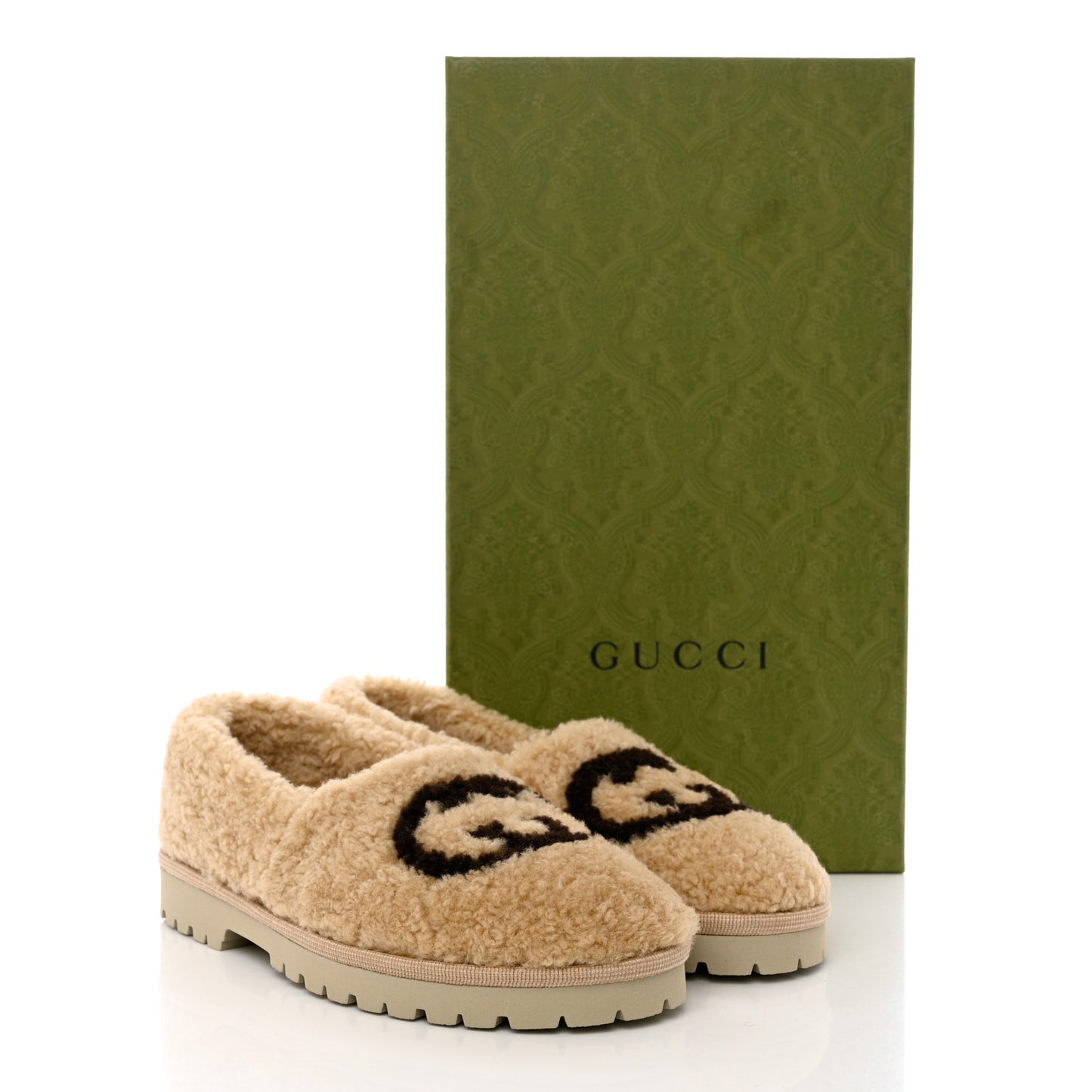 Shearling Interlocking G Womens Elea Lug Sole Loafers 37.5 Butterscotch Cocoa Beige