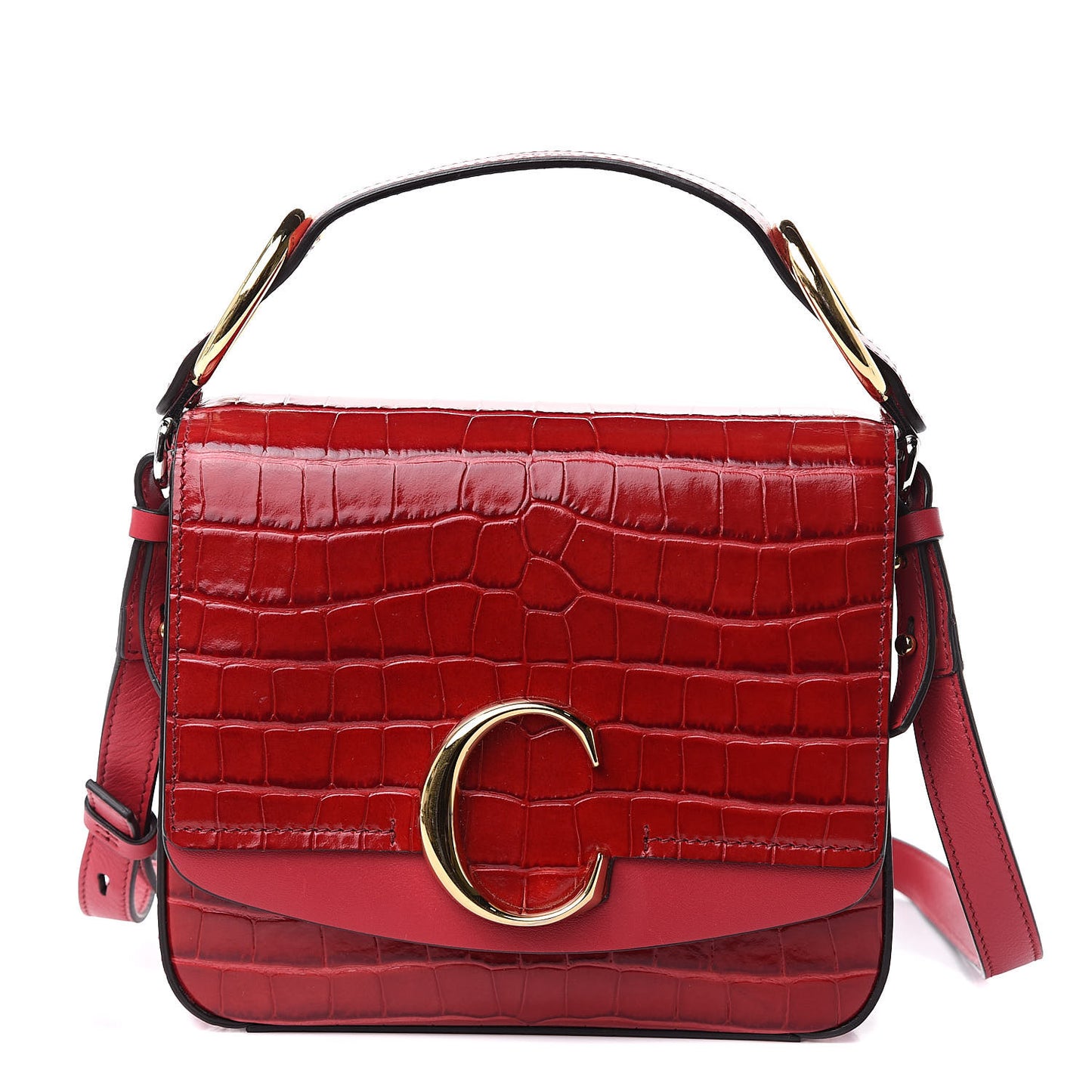 Calfskin Crocodile Embossed C Double Carry Dusky Red