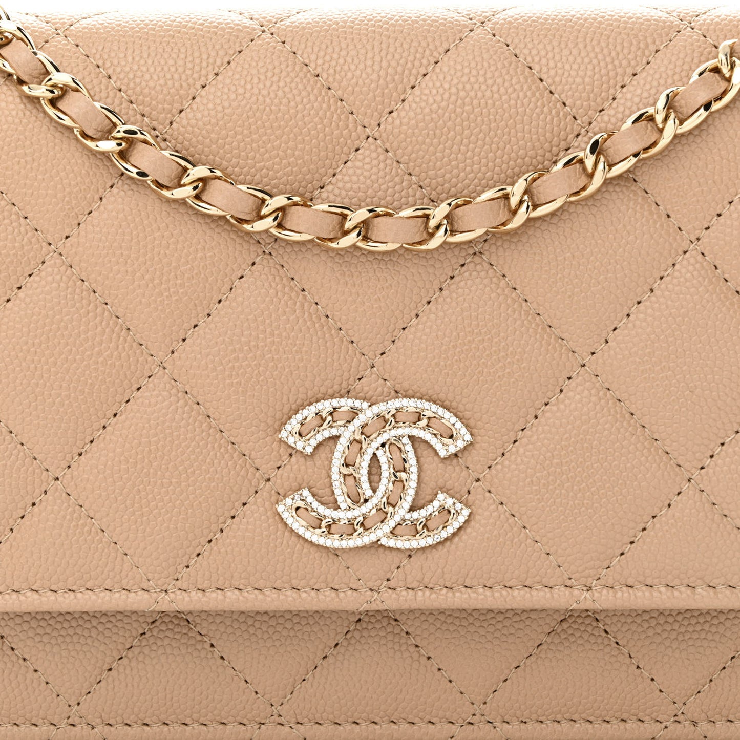 Caviar Quilted Crystal CC Wallet On Chain WOC Beige