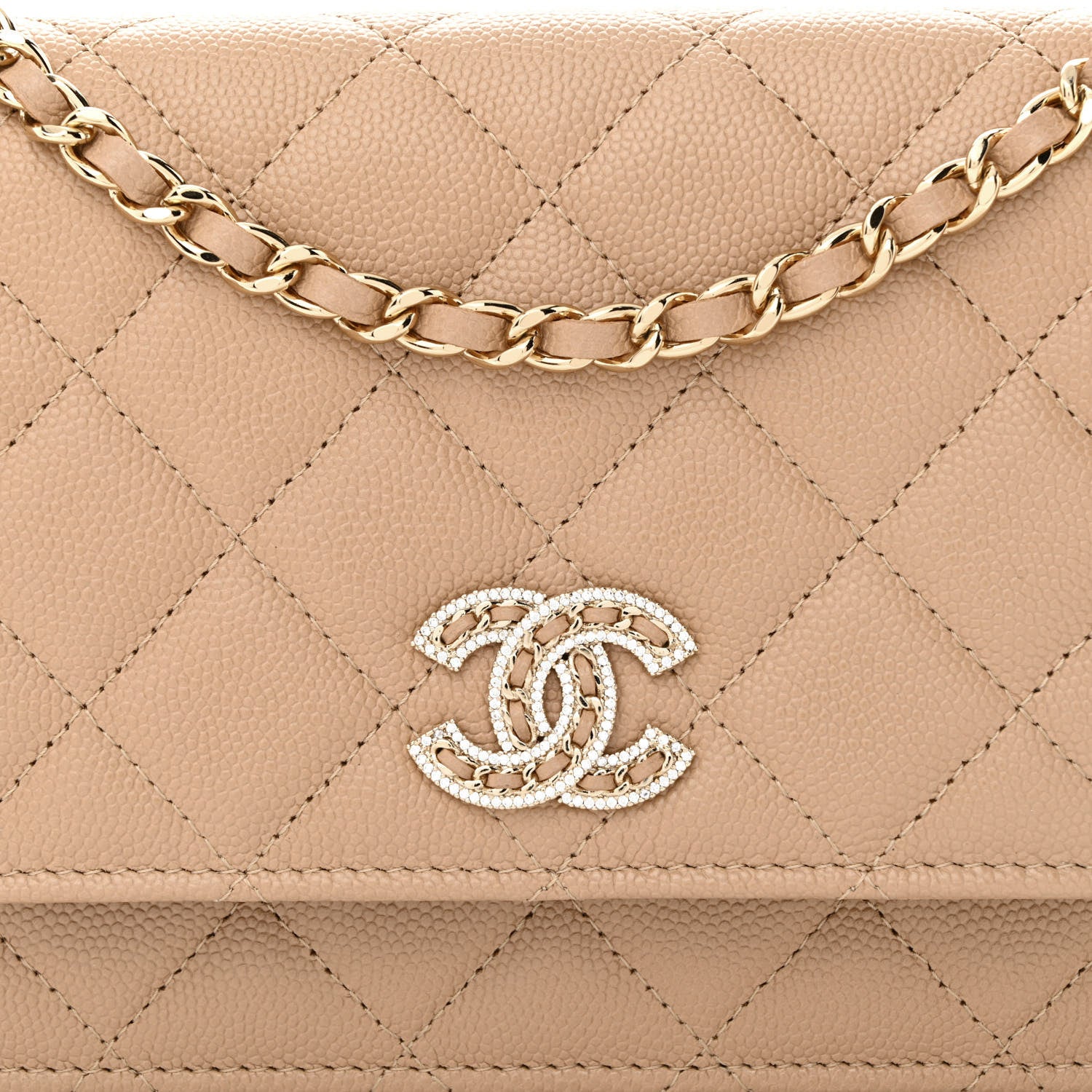 Chanel Caviar Quilted Crystal CC Wallet On Chain WOC Beige 9 of 13