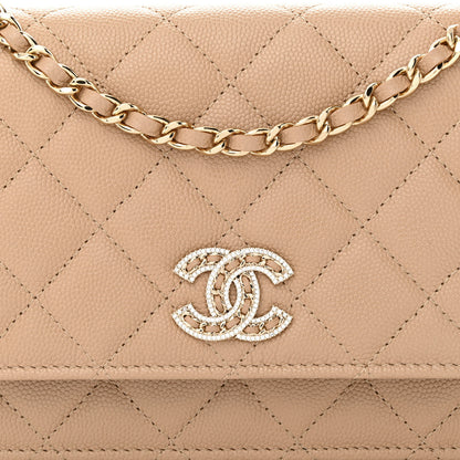 Chanel Caviar Quilted Crystal CC Wallet On Chain WOC Beige 9 of 13