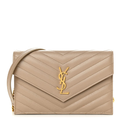Saint Laurent Grain De Poudre Matelasse Chevron Monogram Envelope Chain Wallet Dark Beige 1 of 11