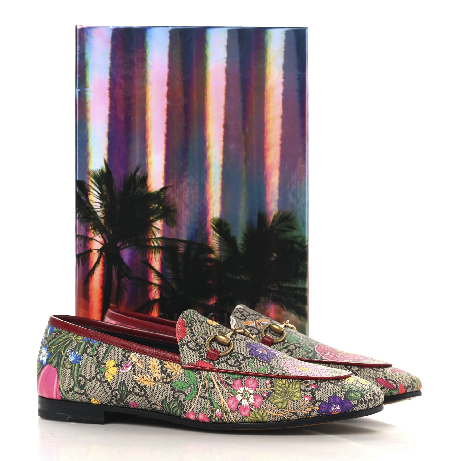 Gucci Canvas GG Monogram Flora Horsebit Womens Jordaan Loafers 39 Beige Ebony Multicolor Rosso 10 of 10