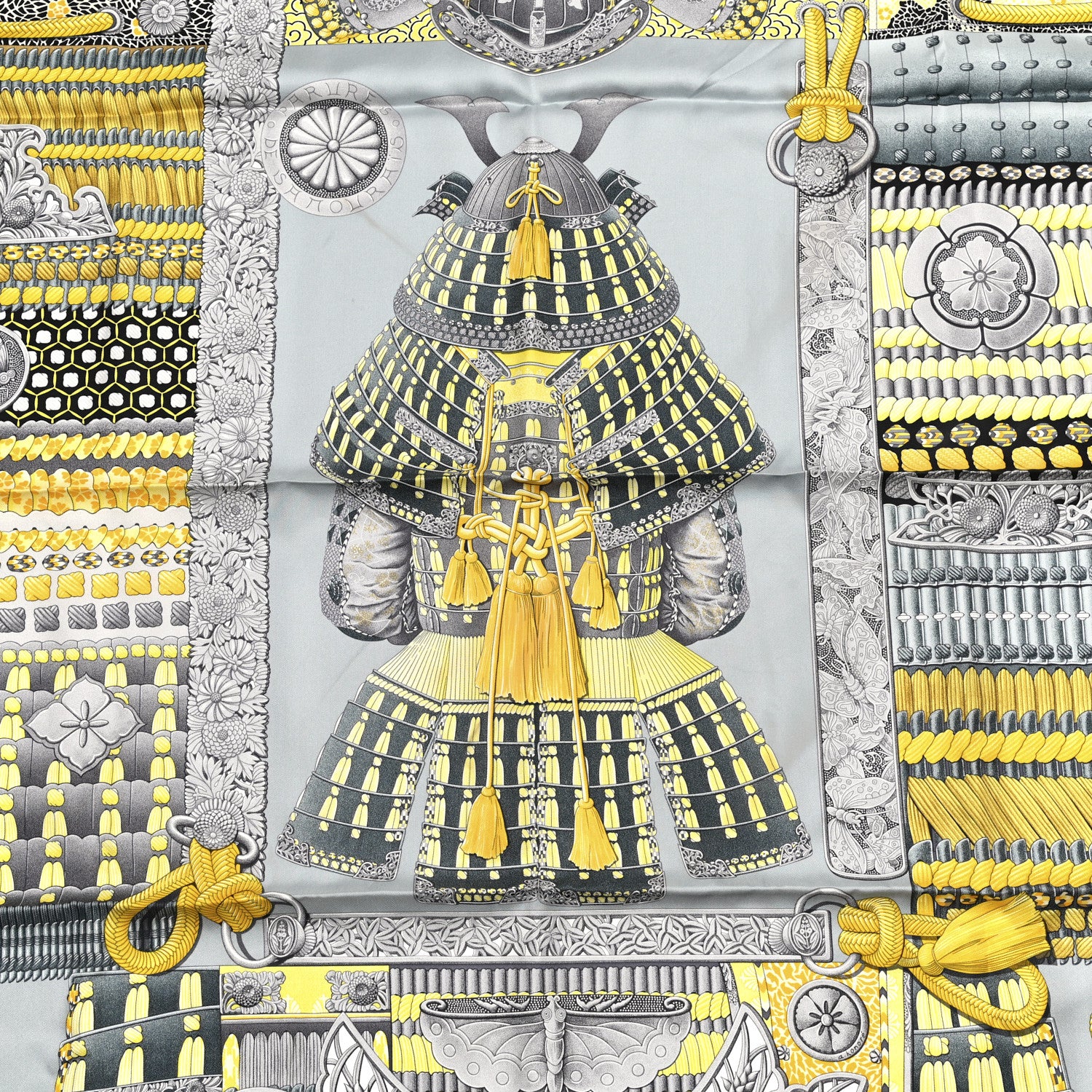 Hermes Silk Parures de Samourais Scarf 90 Gris Jaune Ardoise 3 of 4