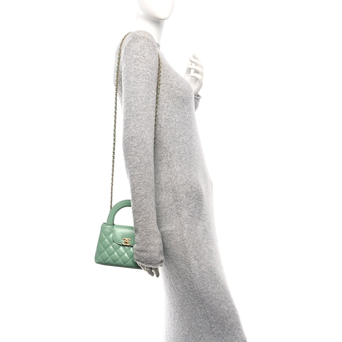 Shiny Aged Calfskin Quilted Nano Kelly Shopper Light Green