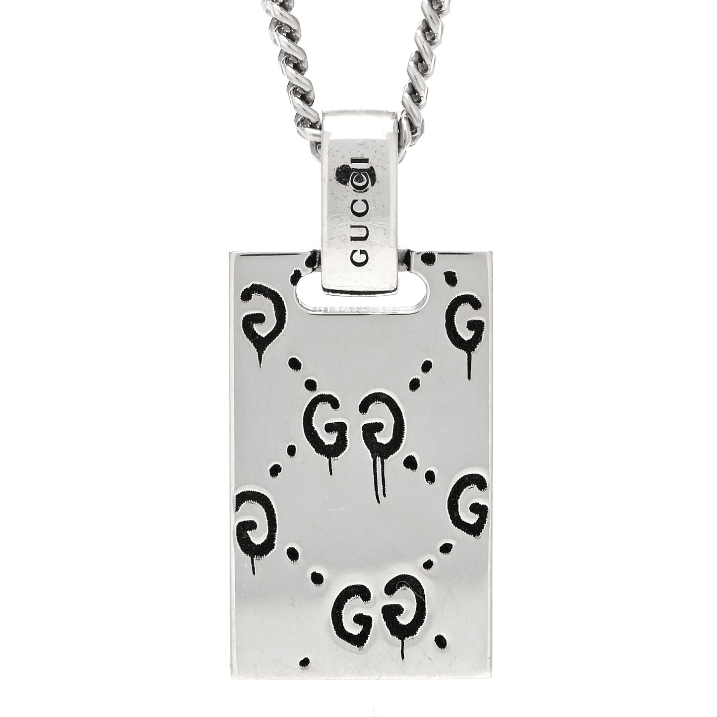 Sterling Silver GucciGhost Hamlet Skull Dog Tag Pendant Necklace