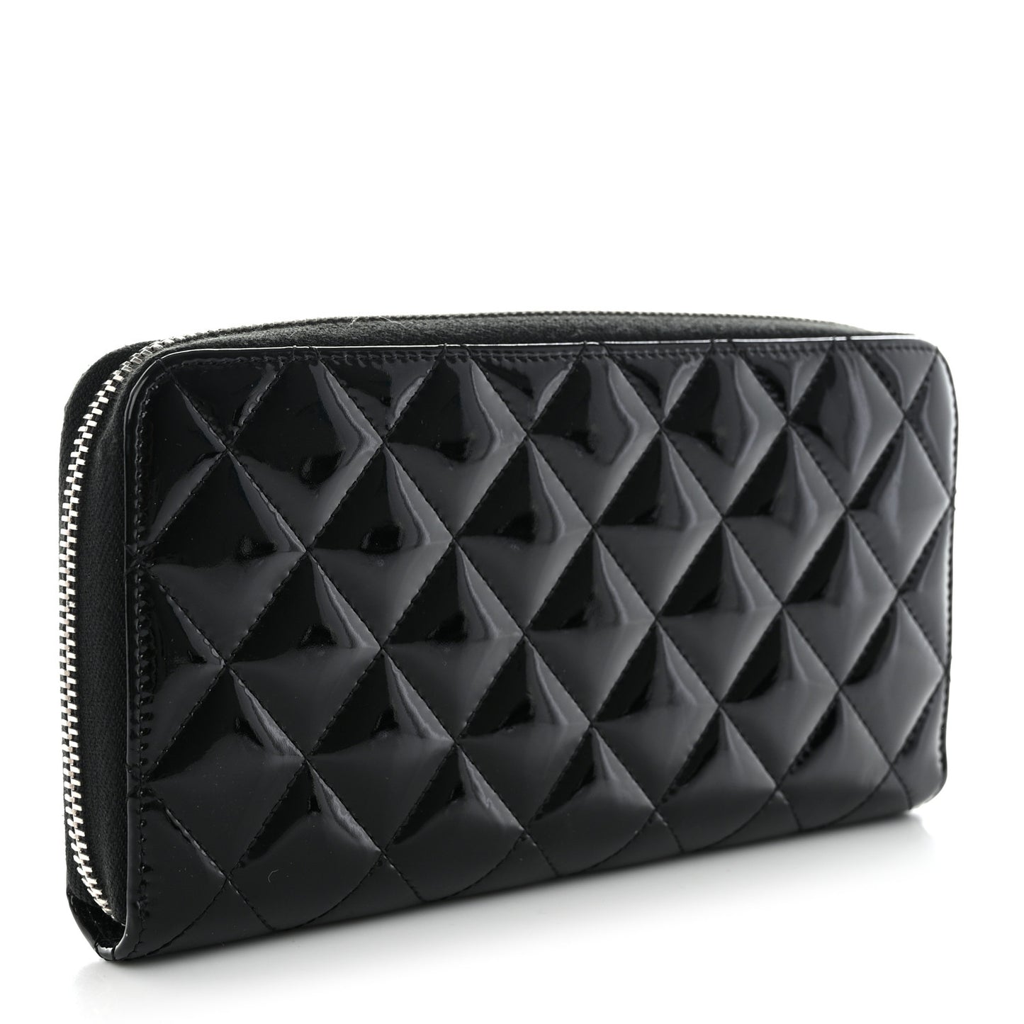 Patent Quilted Large Gusset Zip Around Wallet Black