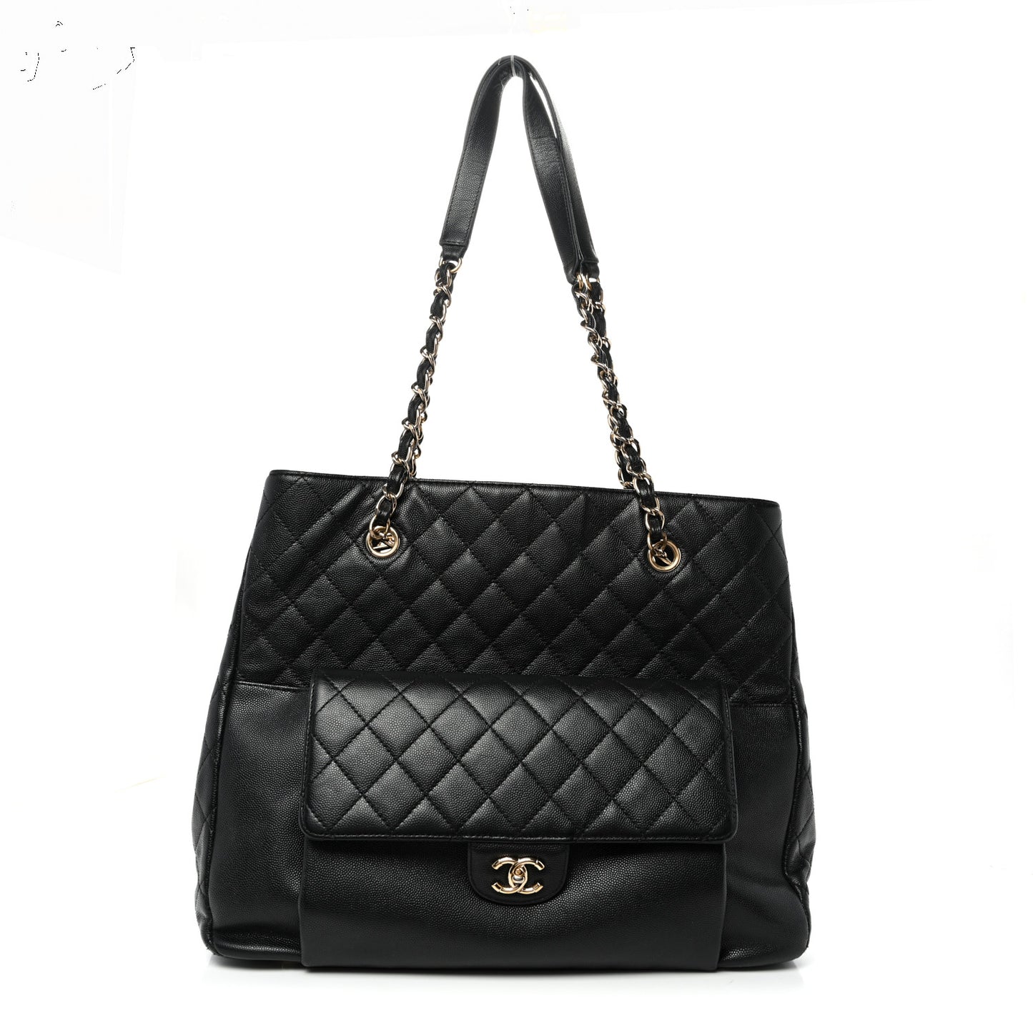 Caviar Quilted Large Flap Shopping Tote Black