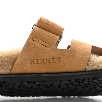 Hermes Suede Goatskin Woolskin Womens Chypre Sandals 36.5 Golden Beige 8 of 9