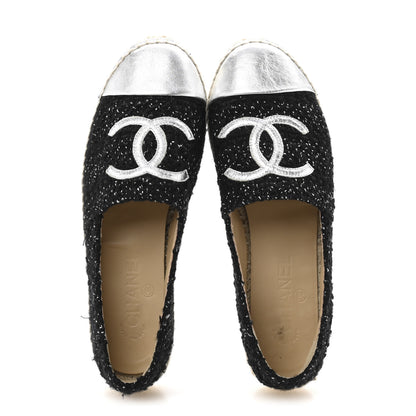 Chanel Metallic Lambskin Tweed CC Espadrilles 39 Black Silver 2 of 10
