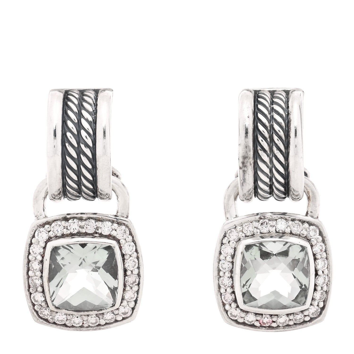 David Yurman Sterling Silver Diamond Prasiolite 7mm Albion Drop Earrings 1 of 4