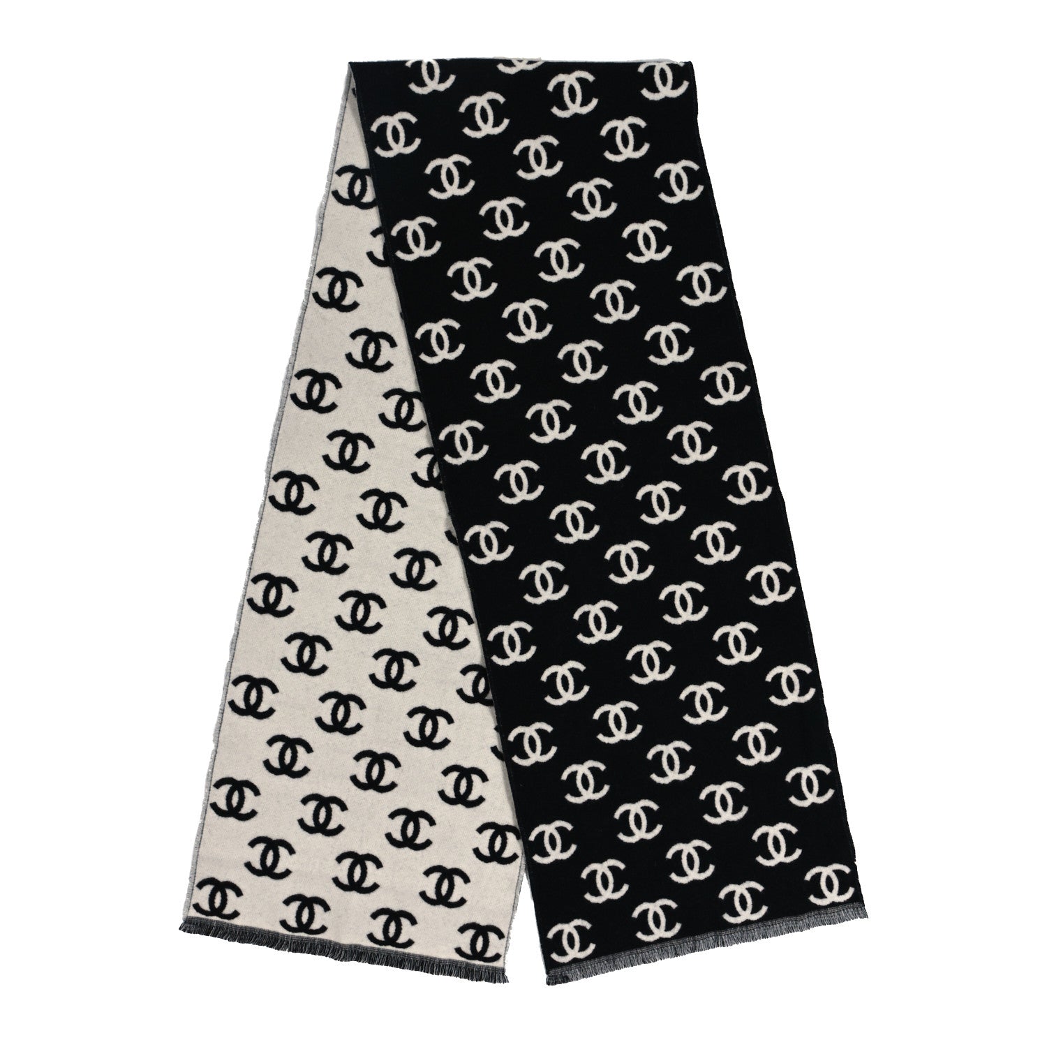 Chanel Wool Cashmere CC Scarf Black White 2 of 4